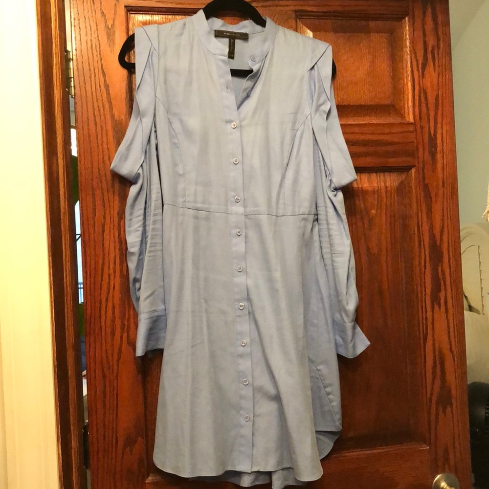 Light blue long-sleeve, shoulderless BCBG shirt dress. Like new! Worn once. XXS
